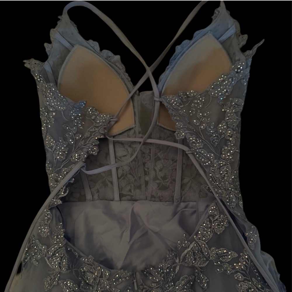 Light Blue Rhinestone A Line Prom Dress - Picture 5 of 7